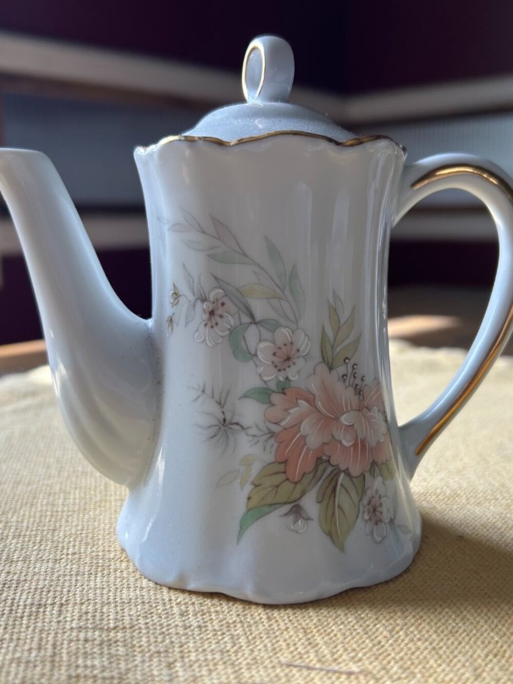 Vintage Lefton China coffee pot  Winrose collection, Magnolia pattern  , gold tr